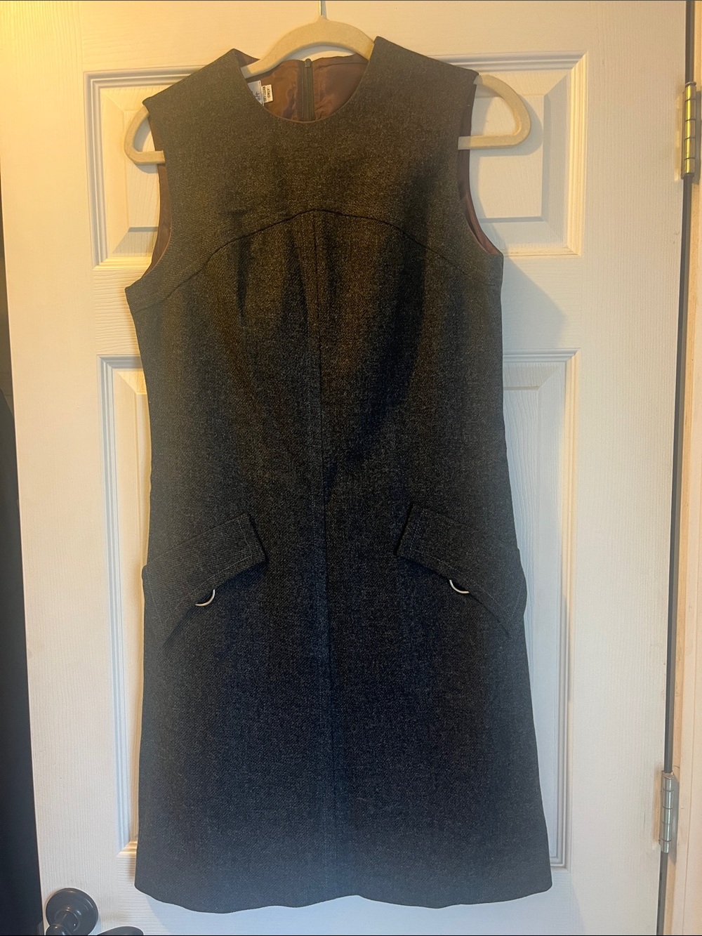 Sleeveless Dark Gray Shift Dress with Pocket Flaps